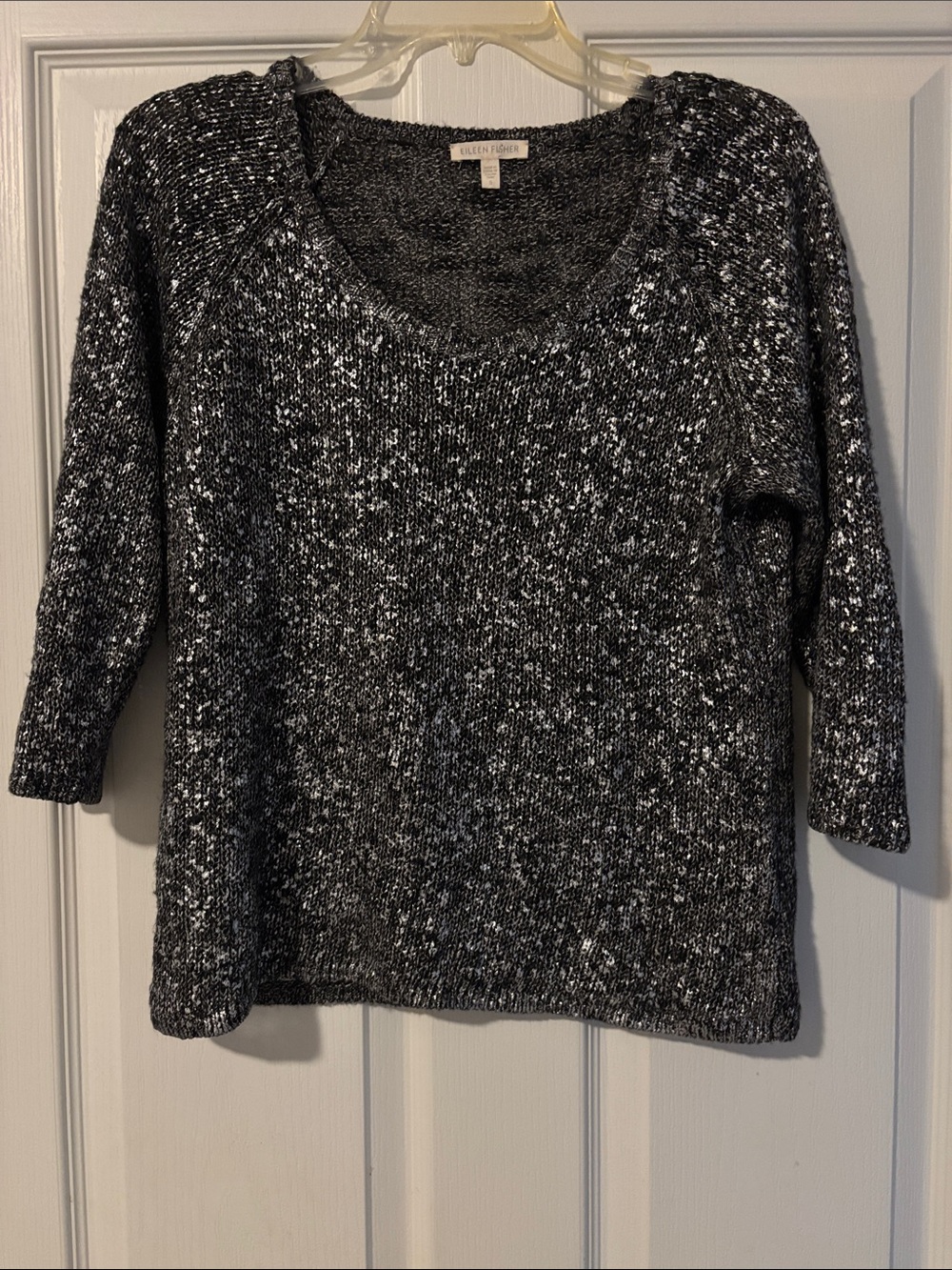 Eileen Fisher Linen Blend Black and White Metallic Scoop Neck Sweater Sz S